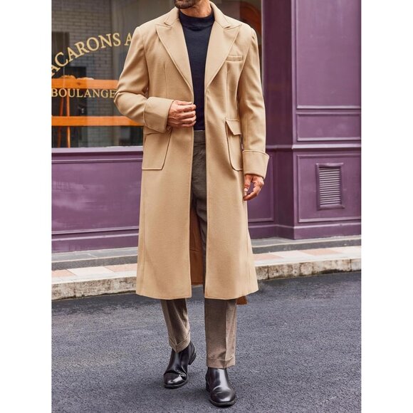 💫 Men Cream Long Casual Trench Coat Notched Collar Warm Winter Pockets Jackets - Picture 2 of 5